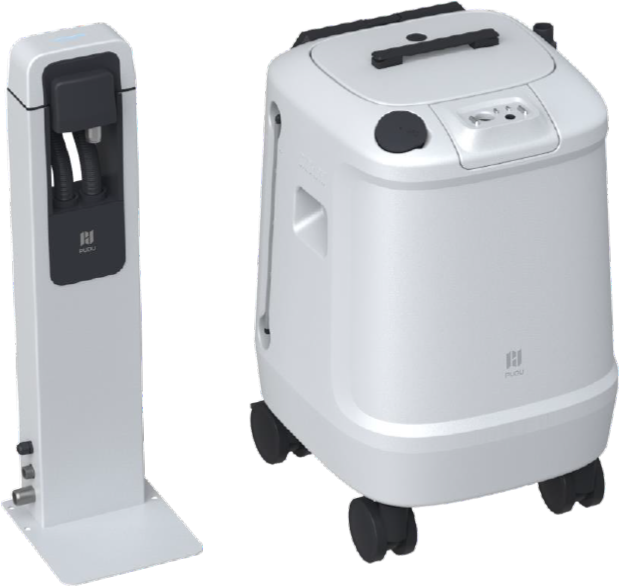 PUDU CC1 Pro Versorgungseinheit mit Anschlüssen für automatisches Befüllen und Entleeren neben der Dockingstation.