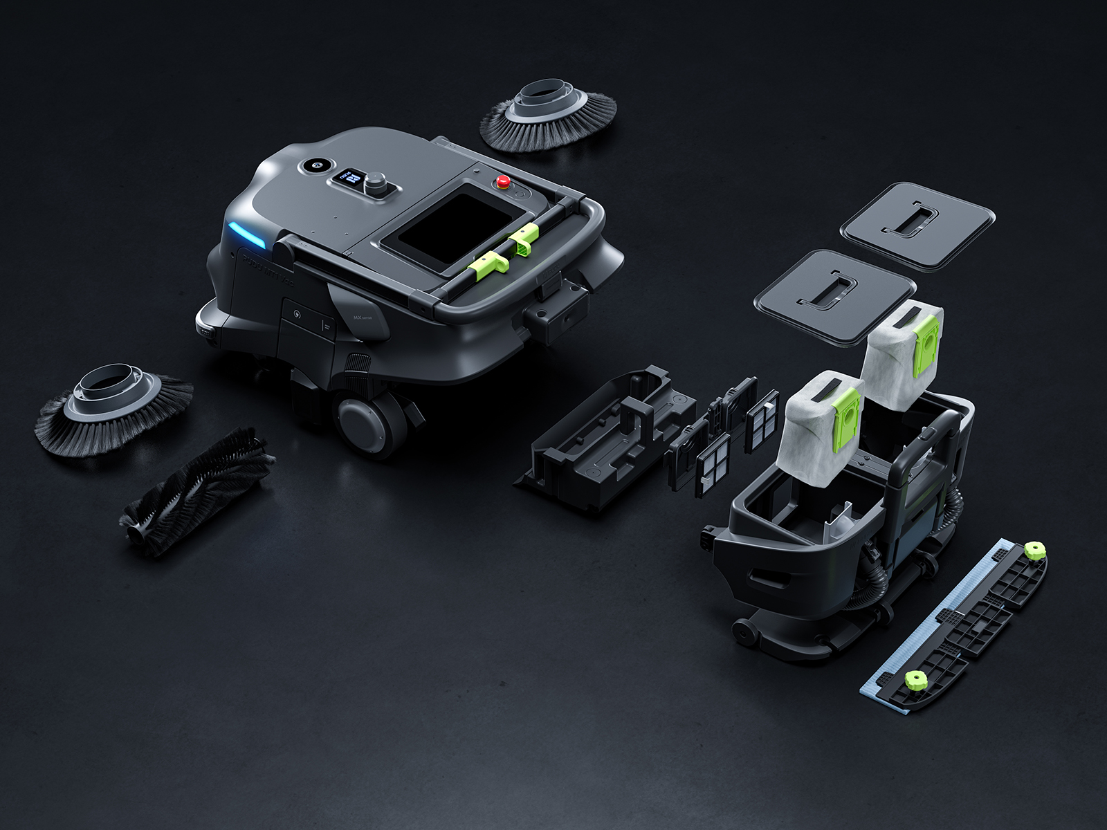 Explosionsdarstellung des PUDU MT1 Vac mit ausgebauten Filterboxen, Seitenbürsten, Walze und Staubauffangmodulen.