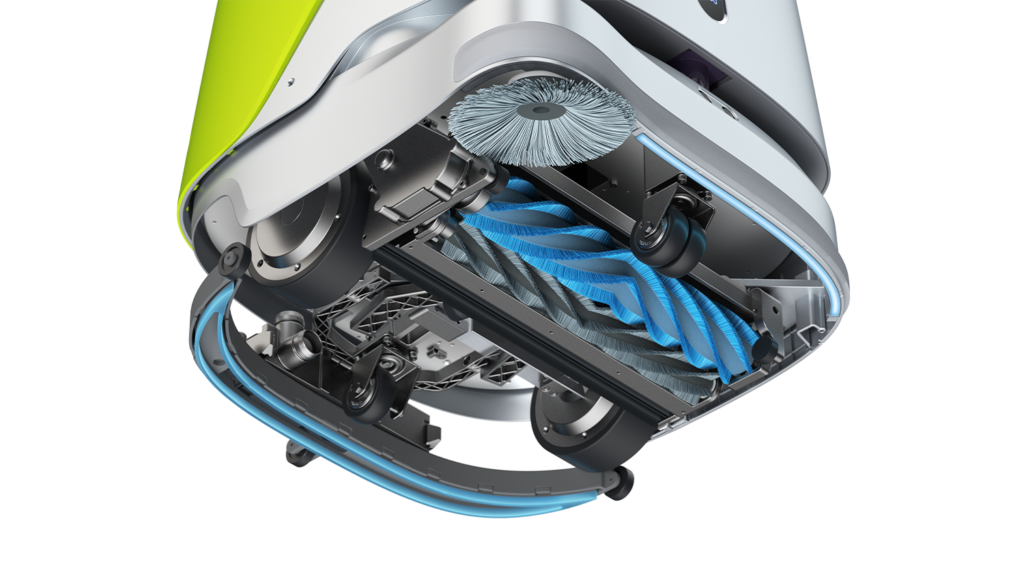 Unterseite des PUDU CC1 mit Spiralwalze, Seitenbürste, Laufrollen und umlaufender Squeegee