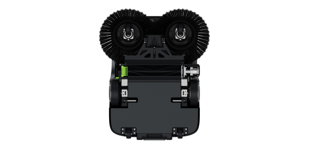 Unteransicht des PUDU MT1 Reinigungsroboters mit zwei Seitenbürsten, zentraler Kehrwalze und Fahrwerk auf schwarzem Hintergrund.