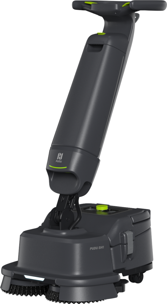 PUDU SH1 kompakter Scheuersauger in Dunkelgrau mit LED-Leiste und ergonomischem Griff.