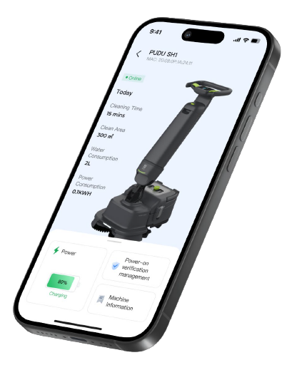 Smartphone mit PUDU SH1 App, zeigt Status, Laufzeit, Fläche und Wasserverbrauch